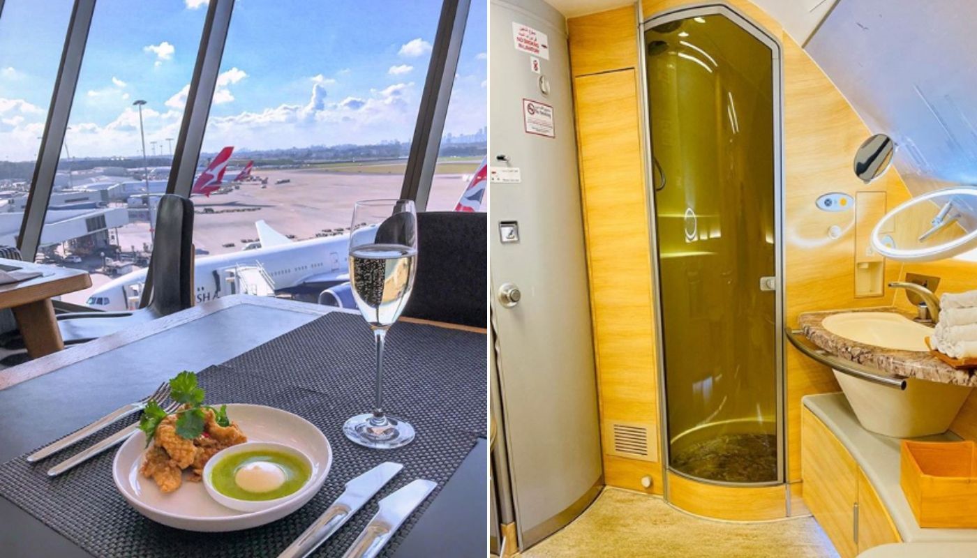 refeição e taça de champanhe no lounge do aeroporto de primeira classe, com vista para a pista/chuveiro a bordo do avião