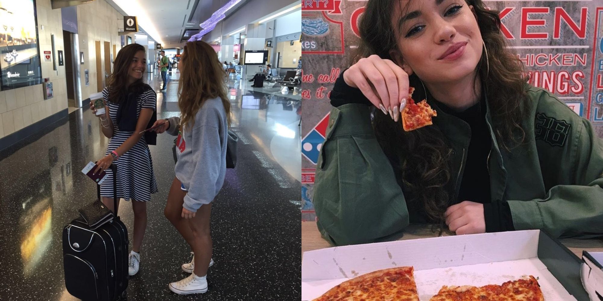 garotas em pé no aeroporto e garota comendo pizza