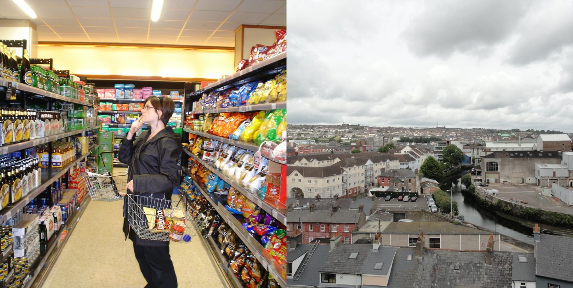Mulher em pé no supermercado e edifícios em Cork Ireland