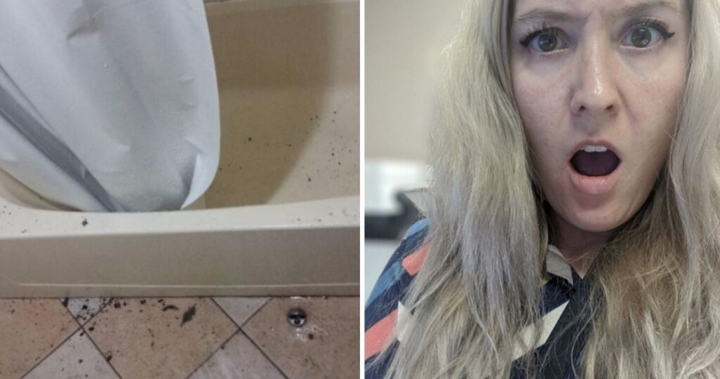 a gross hotel bathtub, a woman who is shocked