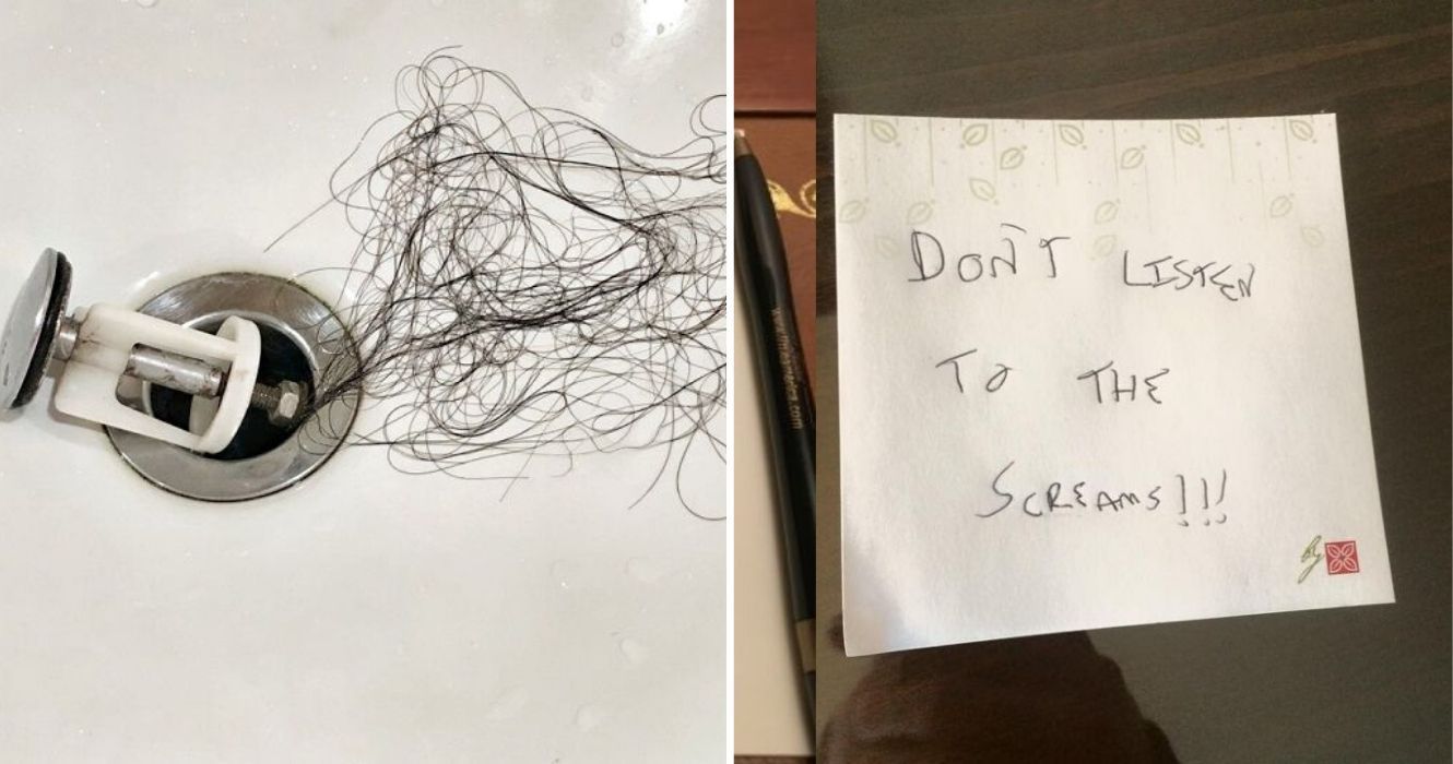 uma mecha de cabelo nojenta no ralo da pia, um bilhete assustador deixado por um hóspede do hotel