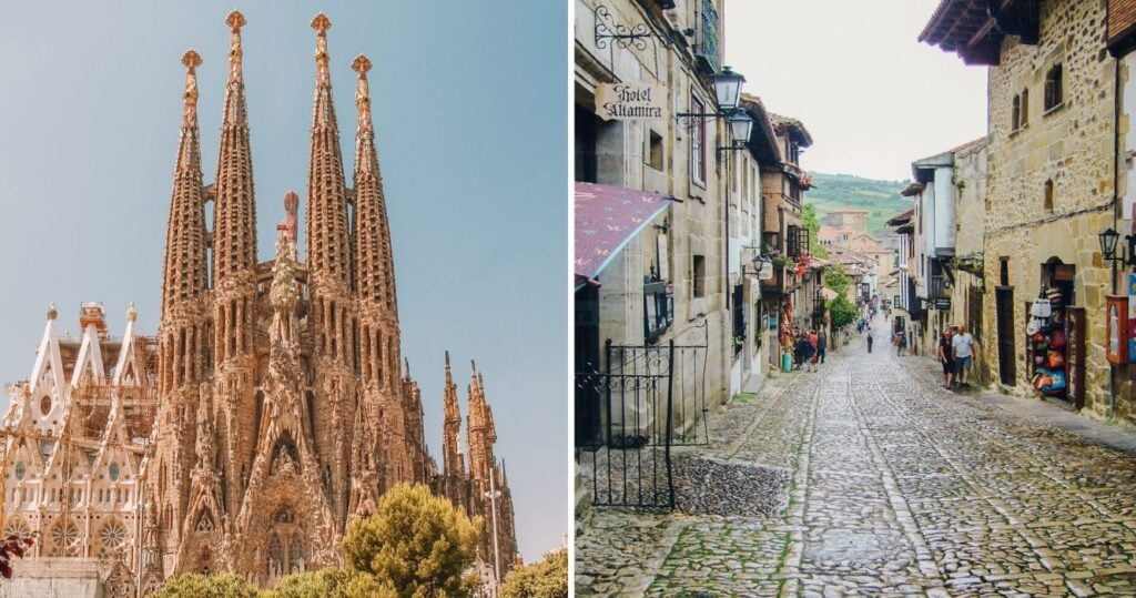 a beautiful cathedral in spain, a cobblestone street full of spanish shops