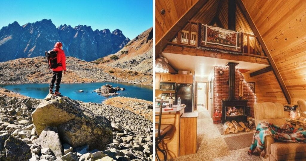 hiking in a park, a cabin in the woods
