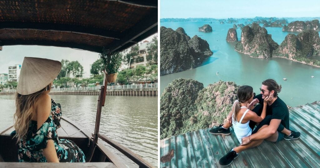 a girl goes out on a boat in vietnam, a couple takes a cute picture overlooking ha long bay