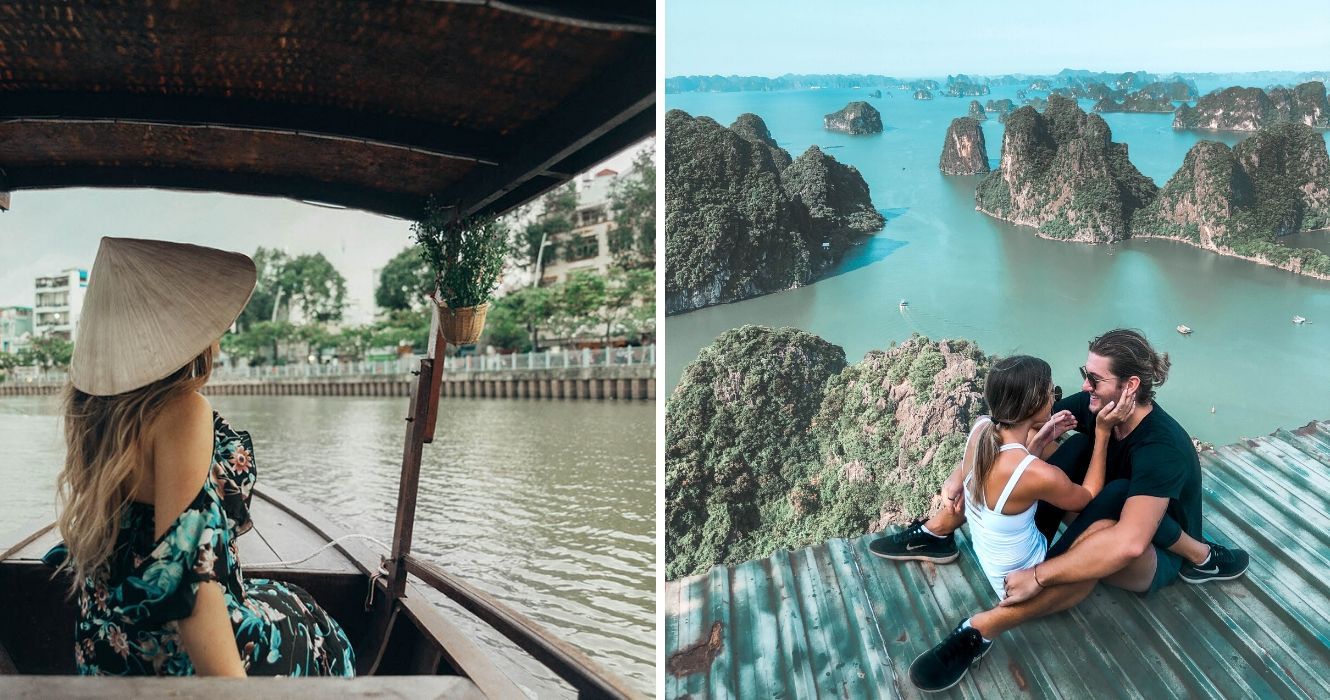uma garota sai de barco no vietnã, um casal tira uma foto fofa com vista para a baía de ha long