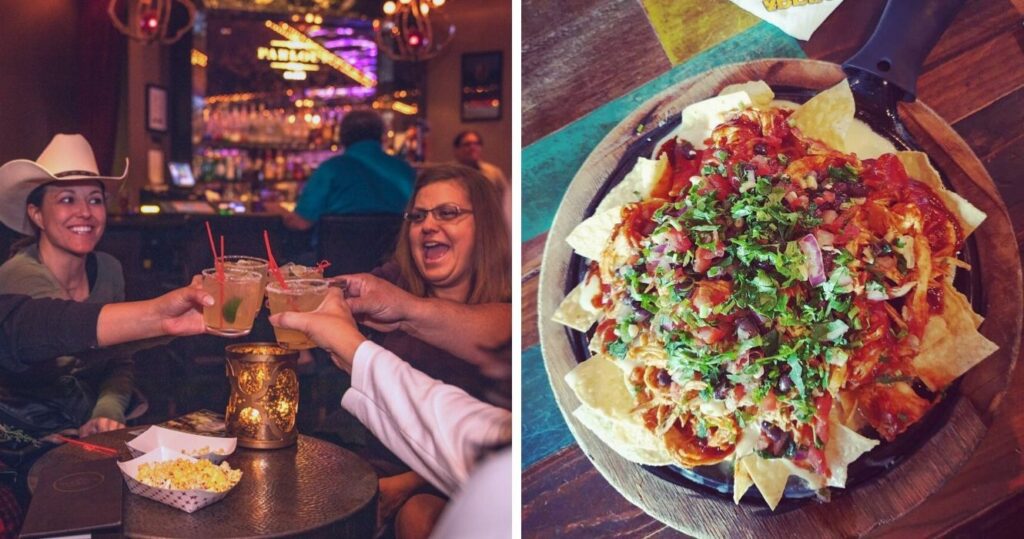 a group of friends doing cheers in vegas, loaded nachos from nacho daddys