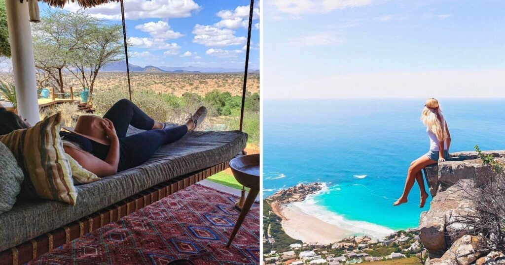 a girl lounges at a resort in the african safari, a girl sits on the edge of a cliff overlooking cape town