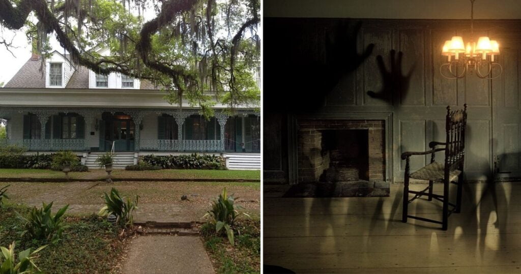 the front porch of myrtles plantation, a creepy living room with shadows over the fireplace