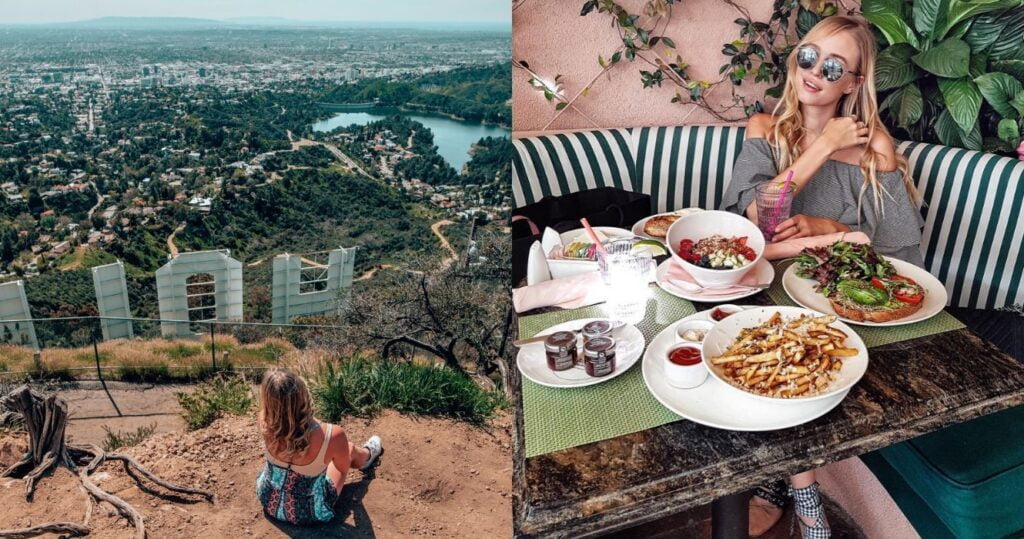 a girl sits above the hollywood sign in LA, a girl sits in a los angeles restaurant eating lunch