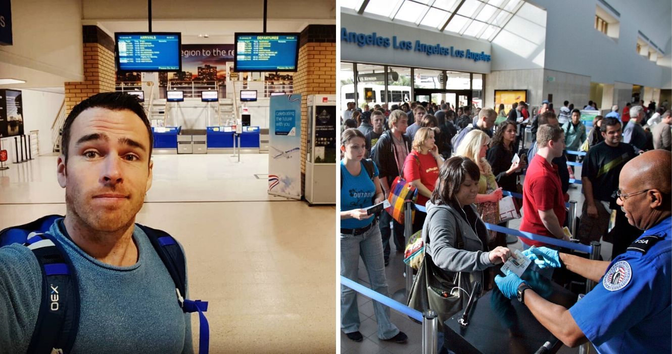 um homem tira uma selfie no aeroporto, uma longa fila para a verificação de segurança no LAX