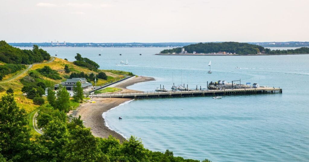 a view of the spectacle island harbor in boston
