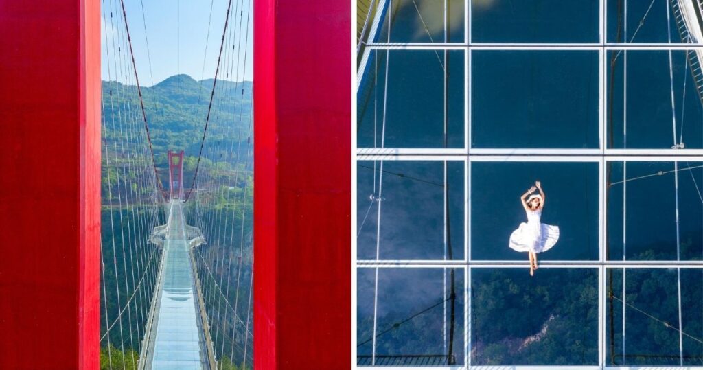 the longest glass bridge at the Huangchuan Three Gorges Scenic Area