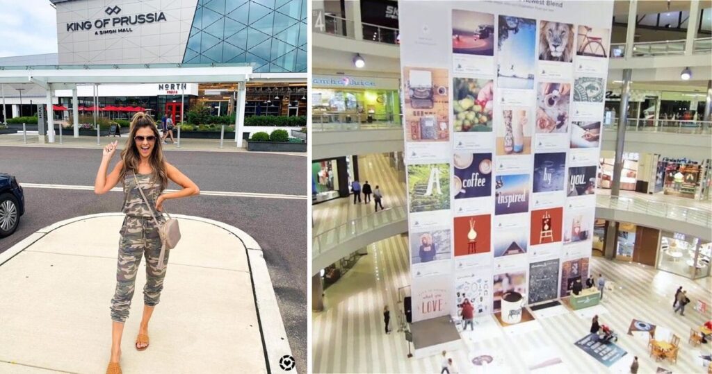 a girl takes a selfie in front of the king of prussia mall, a aerial view of every level in the mall of america