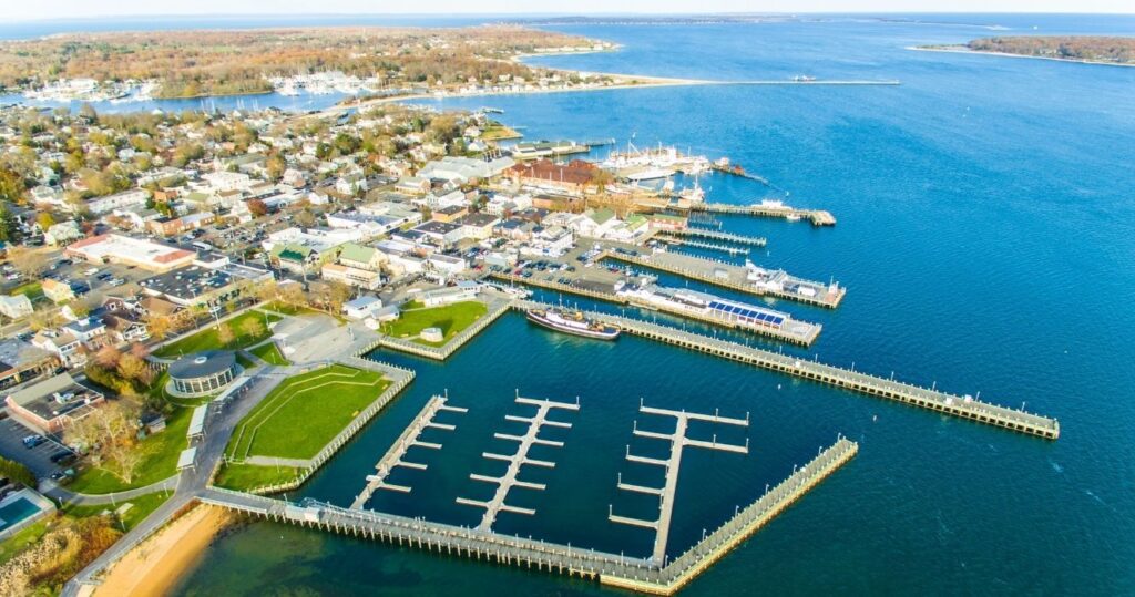 an aerial view of greenport, ny