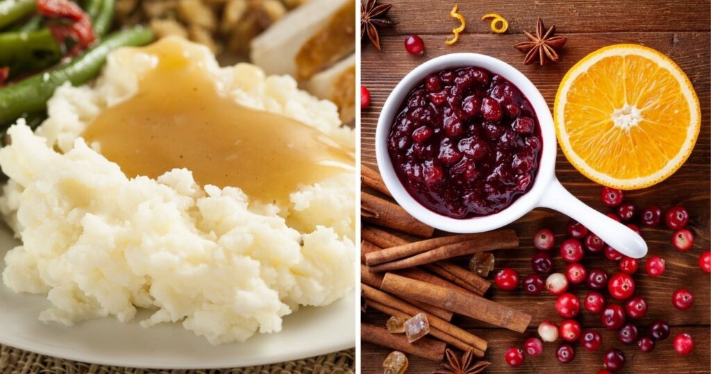mashed potatoes with gravy and cranberries with orange