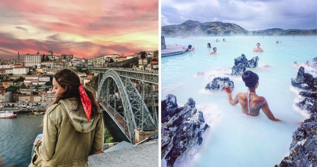 a girl sits on a rooftop overlooking portugal, a girl swims in the blue lagoon in iceland