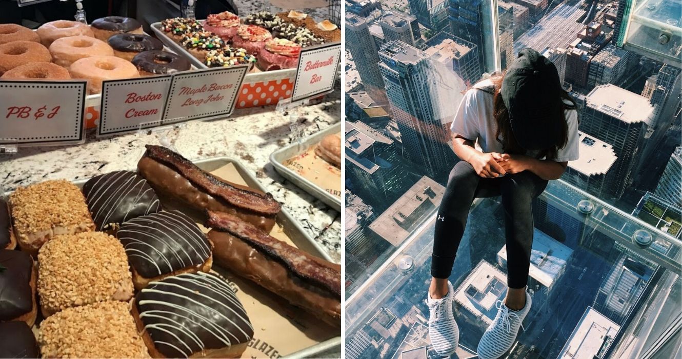 uma seleção de donuts de uma loja em chicago, uma garota sentada no deck do céu em chicago