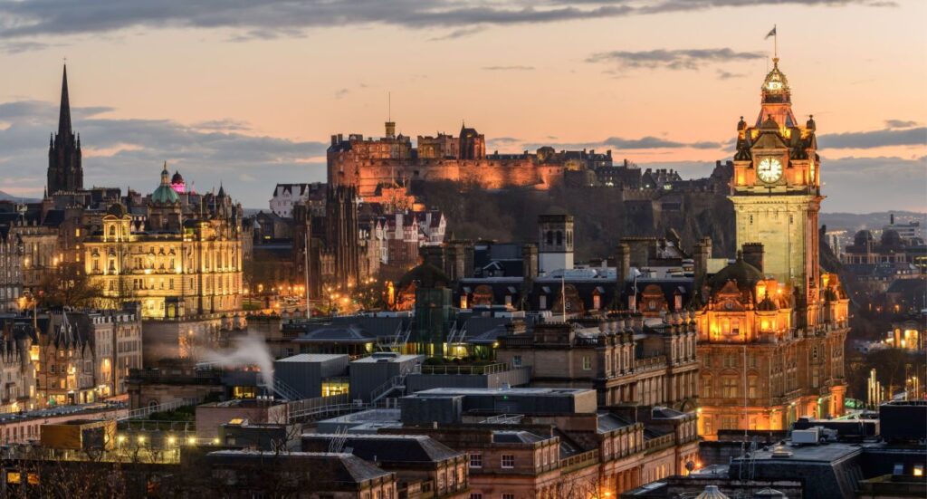Edinburgh Castle and Princes Street at Sunset.