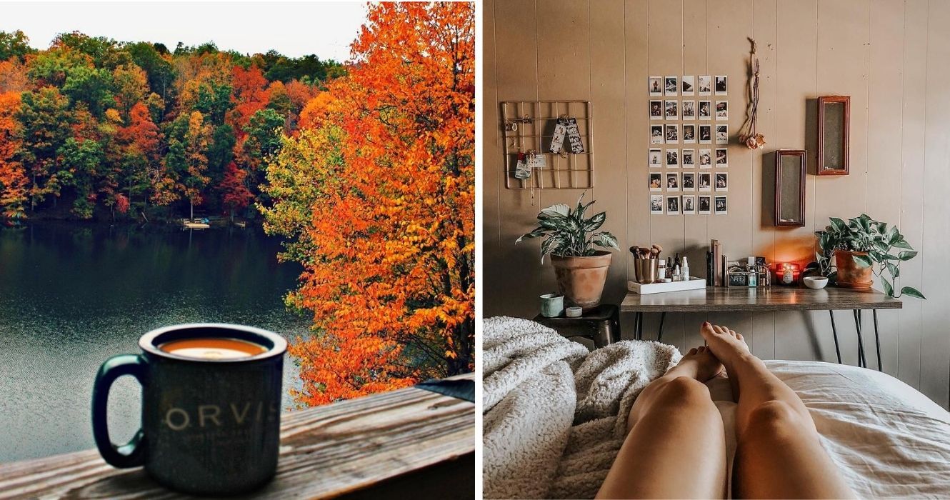café com vista para um lago durante o outono, um quarto com tema de outono