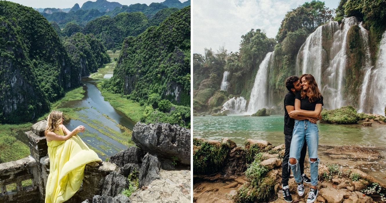 uma garota sentada no topo de uma montanha no vietnã, um casal tira uma foto em frente a uma cachoeira