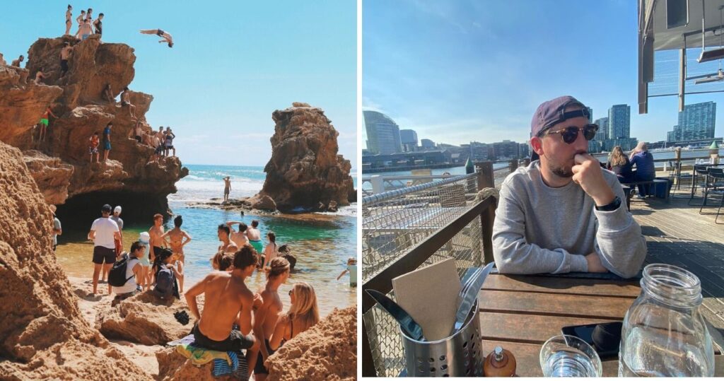 a group of beach goers go cliff diving in australia, a man sits down for lunch in melbourne