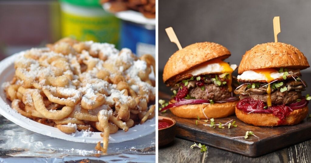 funnel cake, burgers