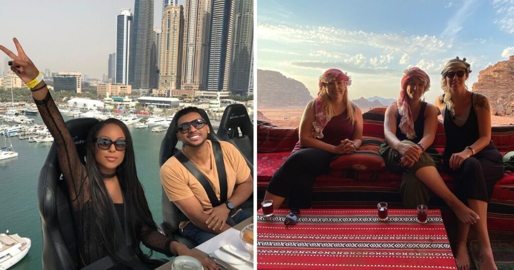 a couple goes to dinner in dubai, a group of friends on vacation in the middle east
