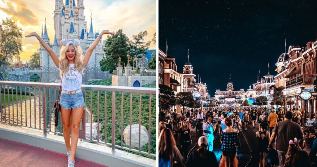 a girl takes a picutre in front of cinderella's castle, disney world at night