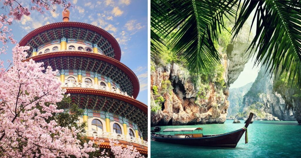 a cherry blossom tree in front of a temple in taiwan, a boat in the water in thailand