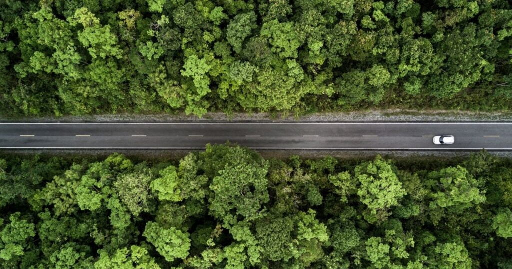 aerial view of a car on a road