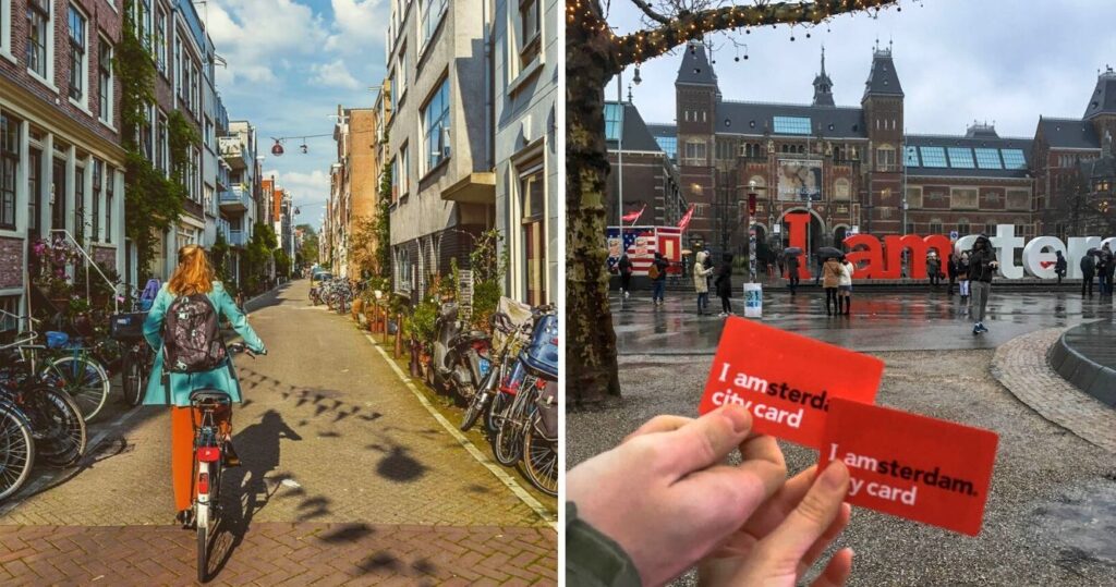 a girl rides down a street in amsterdam on a bike, tourists hold up their city cards