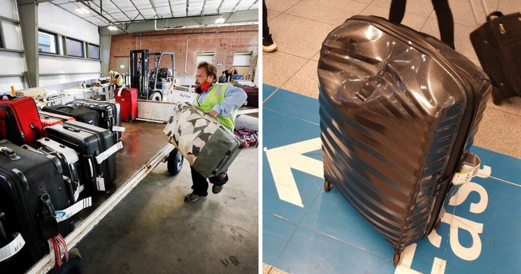 Airport staff handling baggage/Dented suitcase at the airport