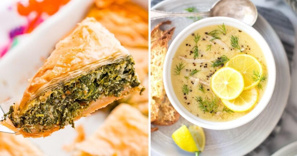 a slice of spinach pie, a bowl of avgolemono