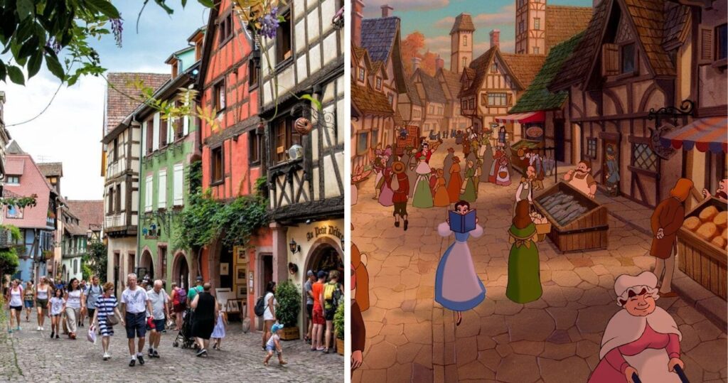 a crowded street in alstation, france, a still from beauty and the beast