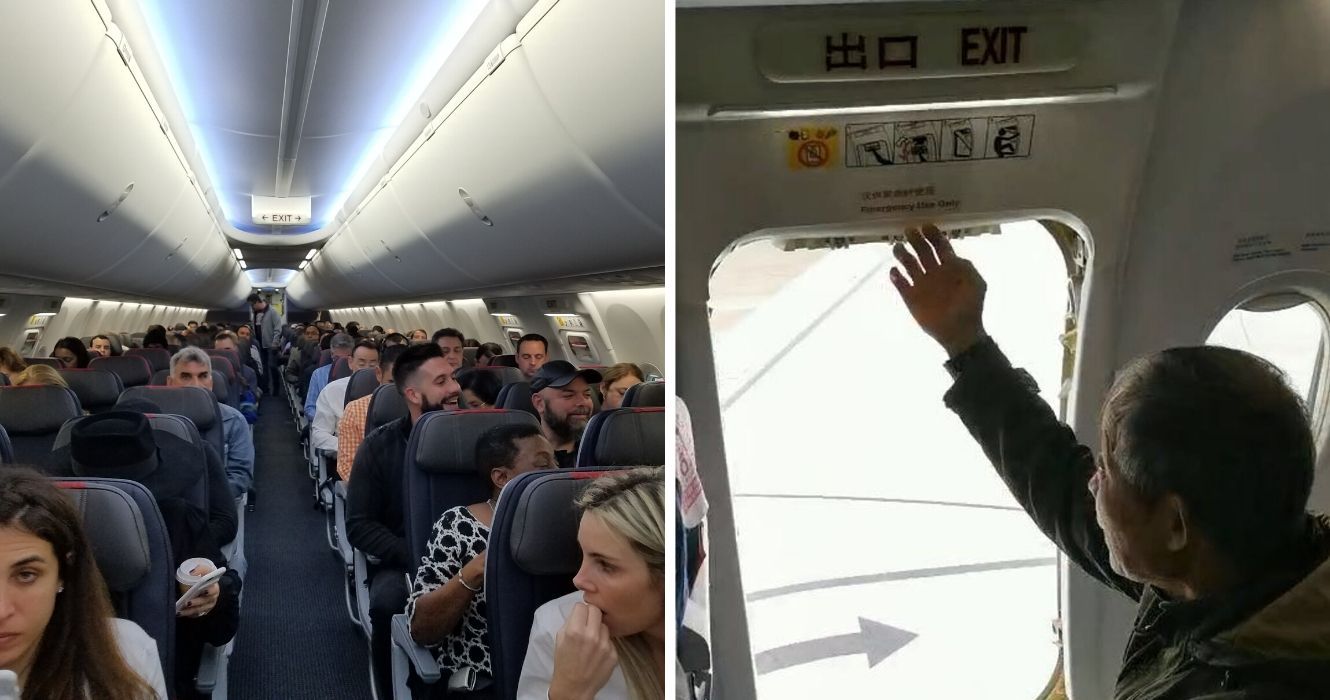 um vôo cheio de passageiros, um passageiro de avião abre a saída de emergência