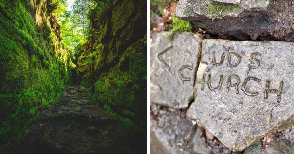 hike in lud's church and a sign for it in staffordshire, england