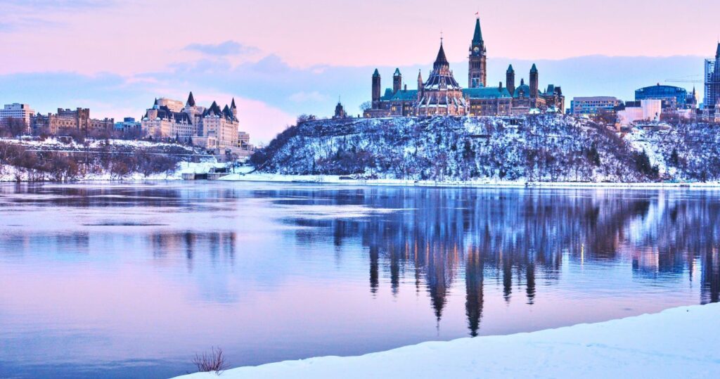 pink sunset over montreal during the winter