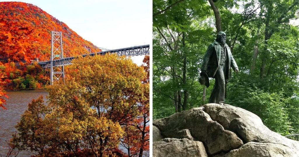 fall foliage at bear mountain, walt whiman statue in bear mountain, ny