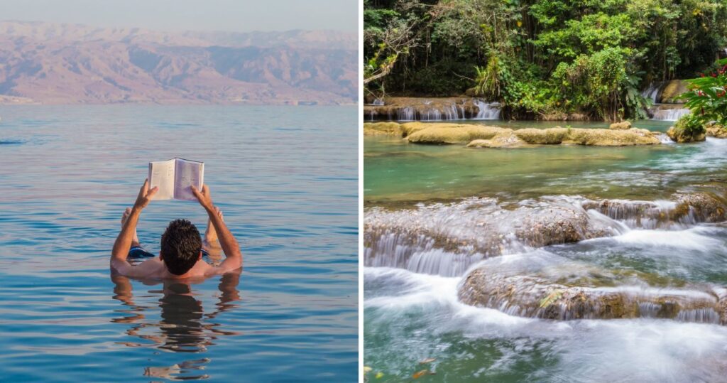 a man floating in the dead sea with a book, ys falls waterfall in jamaica