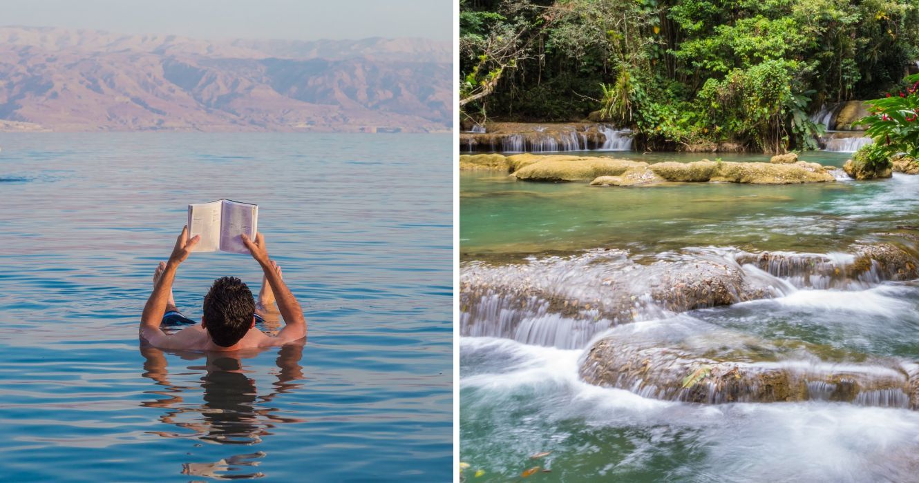 um homem flutuando no mar morto com um livro, ys cai cachoeira na jamaica