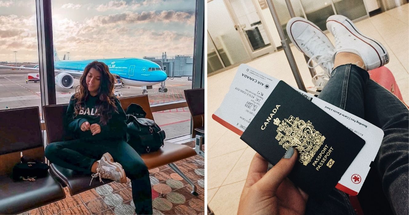 uma garota espera no aeroporto para embarcar em seu voo, alguém segura um passaporte do canadá