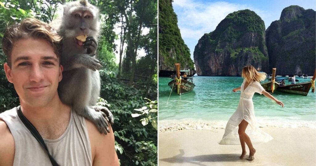 Backpacker takes selfie with monkey on his shoulder in Ubud, Bali/ Female tourist twirls on beach in Thailand, with Phi Phi islands in the background